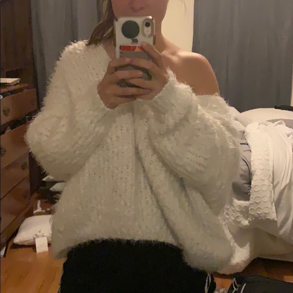 POL Open V-Neck White Fluffy Pullover Sweater
